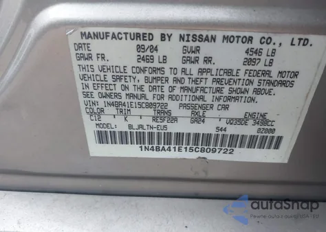 2005 Nissan Maxima 3.5 Se from USA, damaged, VIN 1N4BA41E15C809722